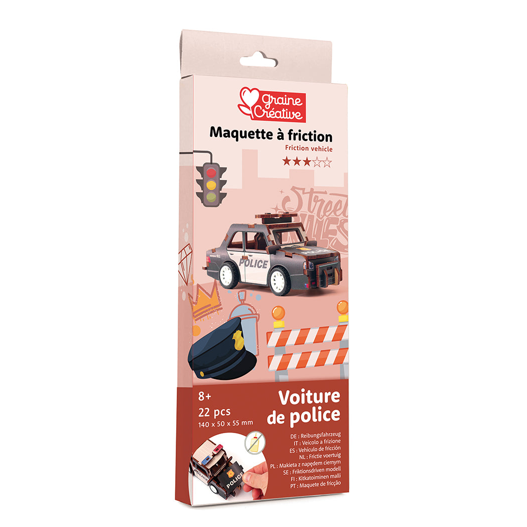 Set di costruzioni in legno 3d per realizzare il modellino della machina della polizia.