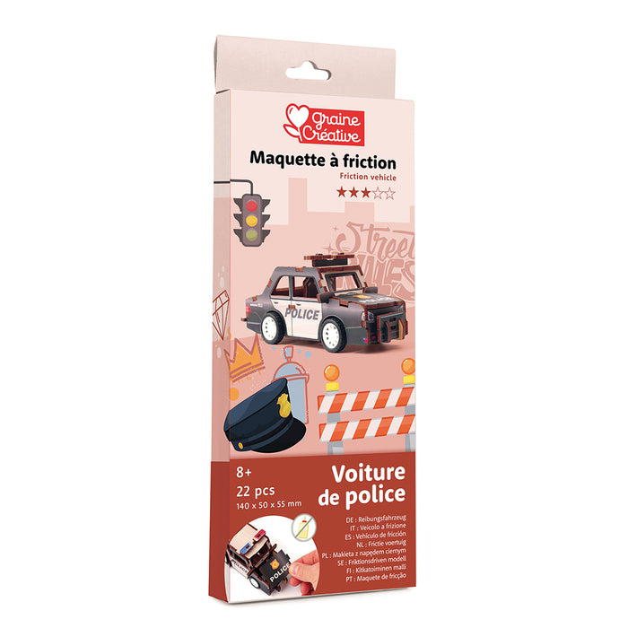 Set di costruzioni in legno 3d per realizzare il modellino della machina della polizia.