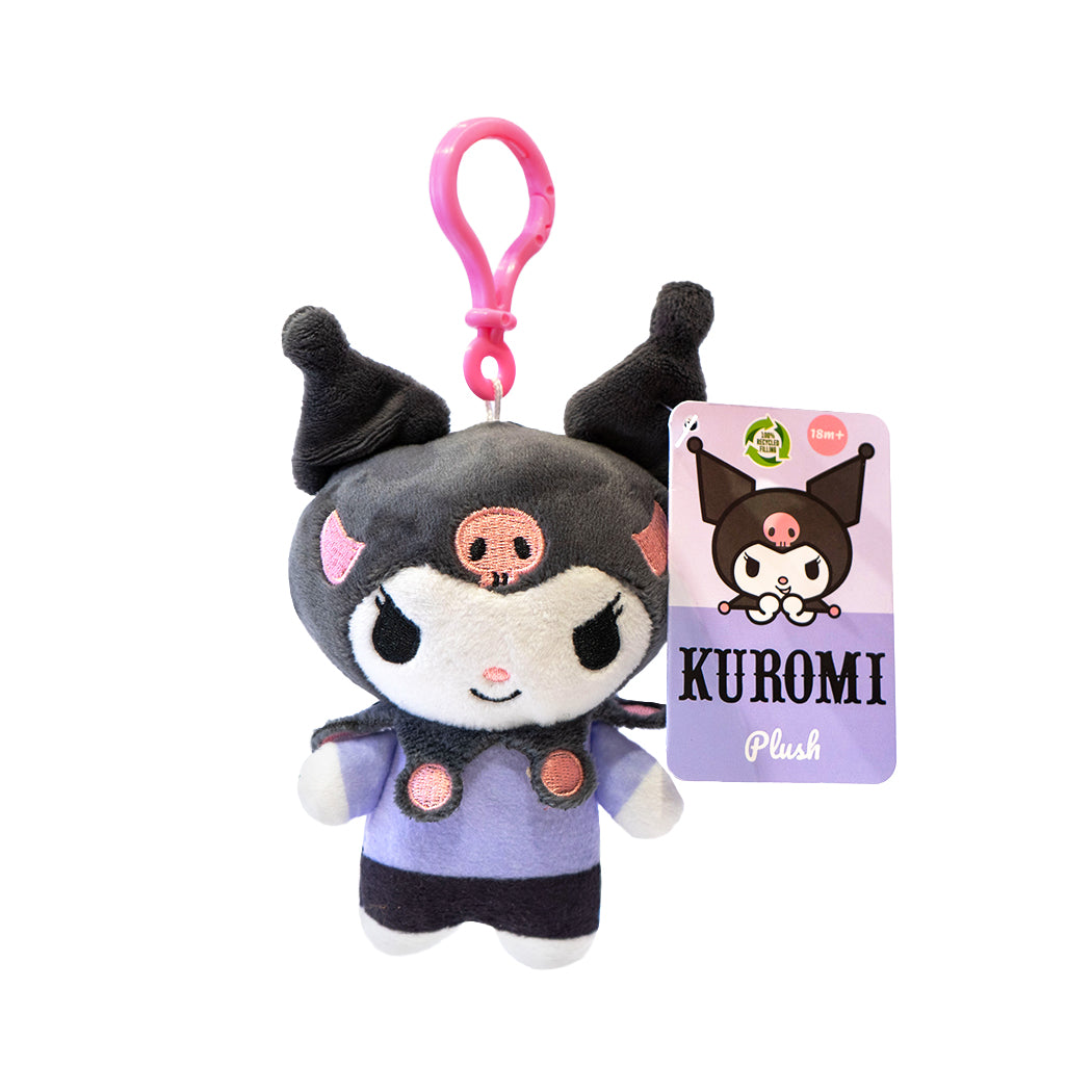 Portachiavi di peluche dei personaggi: Hello Kitty & Friends. La  Hello Kitty scheletro, Hello Kitty maglia lilla, My Melody, Kuromi, Kuromi maglia lilla