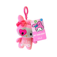 Portachiavi di peluche dei personaggi: Hello Kitty & Friends. La  Hello Kitty scheletro, Hello Kitty maglia lilla, My Melody, Kuromi, Kuromi maglia lilla