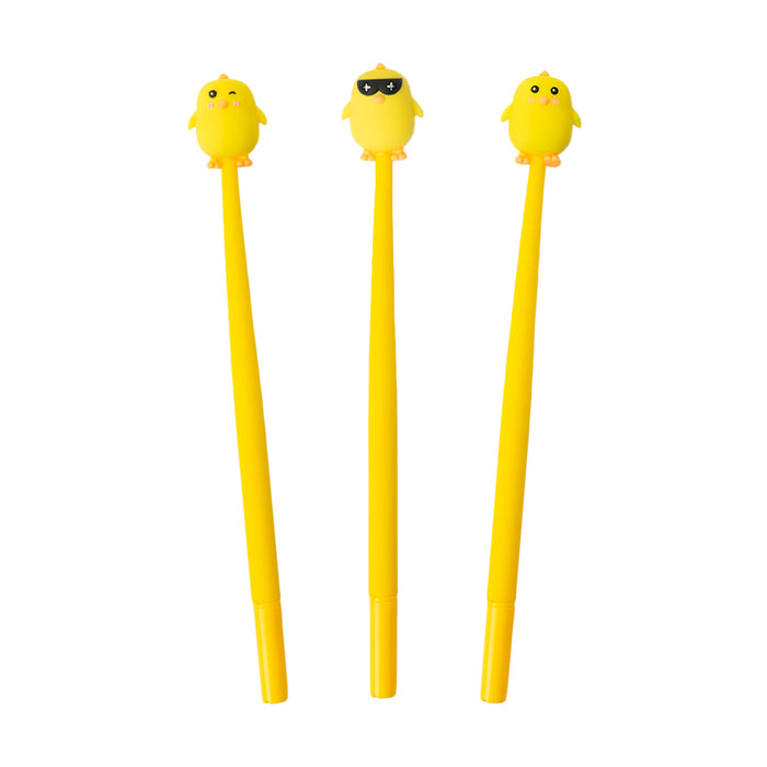 Penna gel pulcino con inchiostro blu e chiusura con tappo. 
La penna ha il topper in silicone con un simpatico pulcino che ondeggia mentre scrivi.