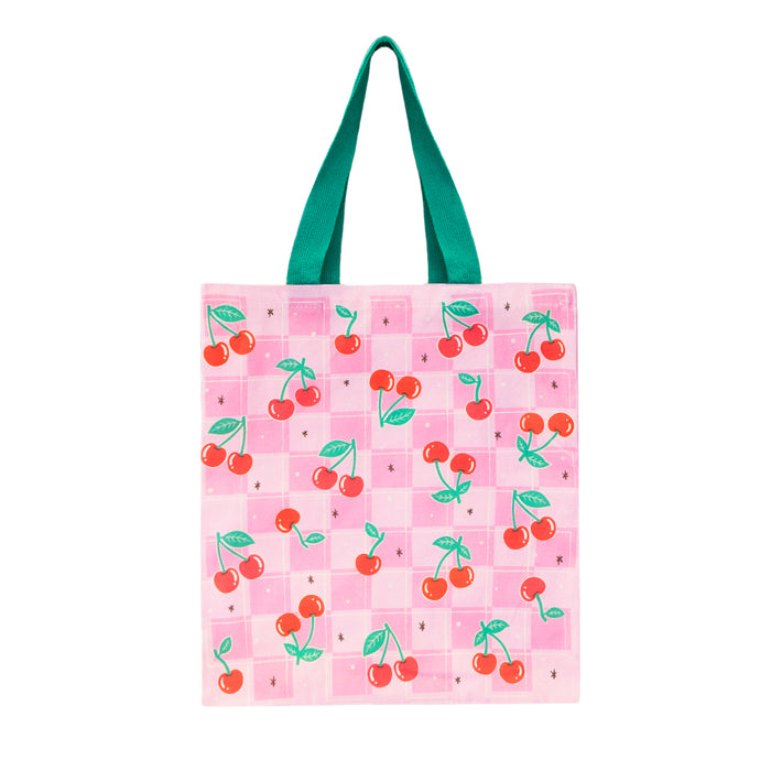 Shopping bag in cotone e polyestere con fantasia ciliegie.