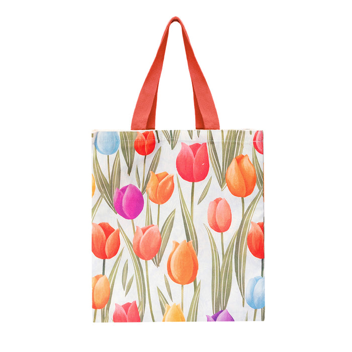 Shopping bag in cotone e polyestere con fantasia tulipani.