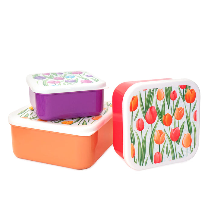 Set Bento Box con fantasia tulipani. Il set è composto da 3 contenitori in tonalità e dimensioni diverse.
