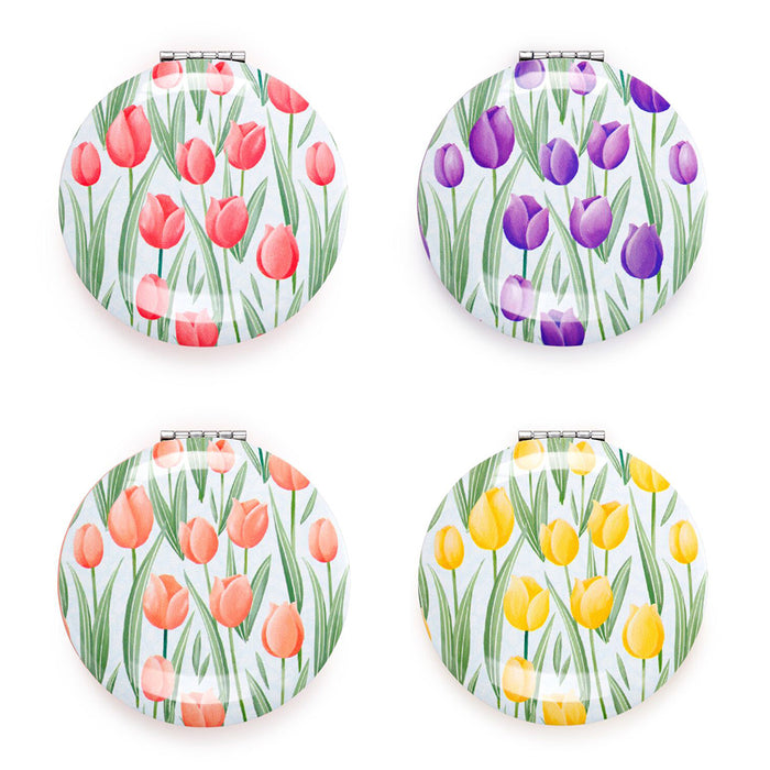 Specchietto da borsa con fantasia tulipani  disponibile in 4 varianti: rosa, giallo, viola, arancio.