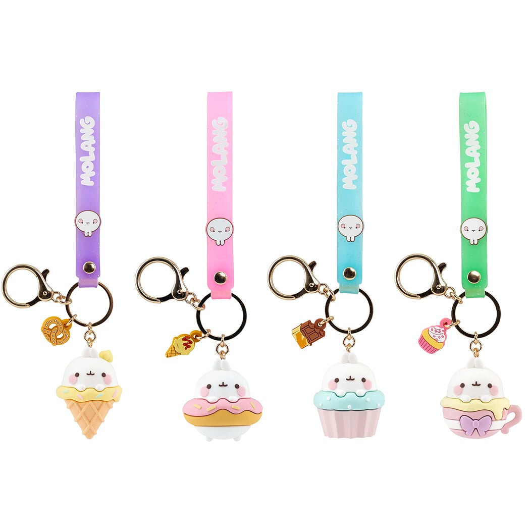 Portachiavi di Molang snack time series.
Il portachiavi è disponibile in 4 varianti: rosa, lilla, verde, celeste.