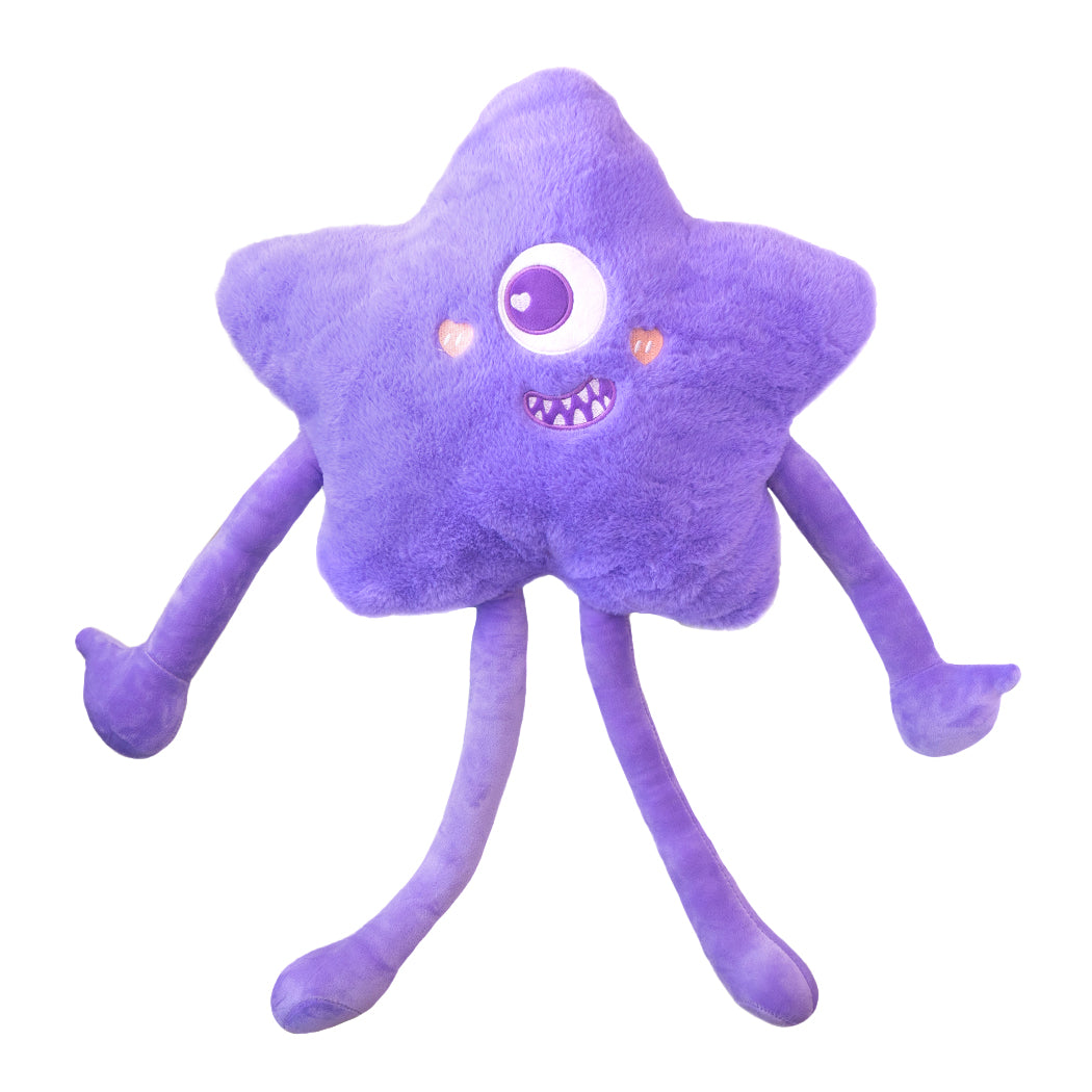 Plush fluffy a forma di stella lilla con braccia e gambe.