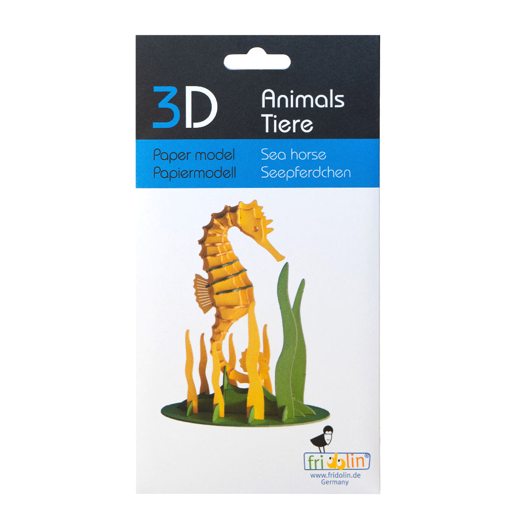 Puzzle in 3d in cartoncino che riproduce un cavalluccio marino.