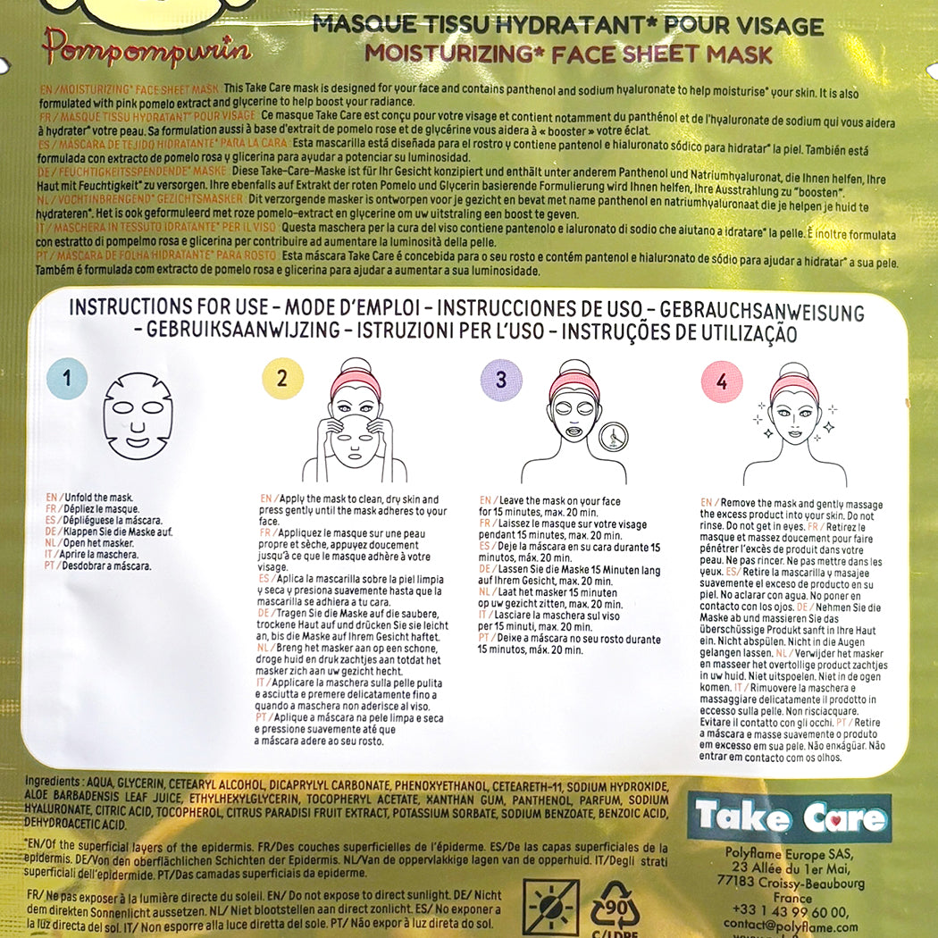 Face mask di Pompompurin.
La maschera contiene acido ialuronico e pantenolo.