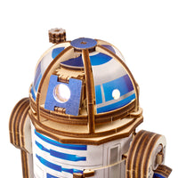 Modellino in legno 3d del personaggio R2 - D2 della serie Star Wars.