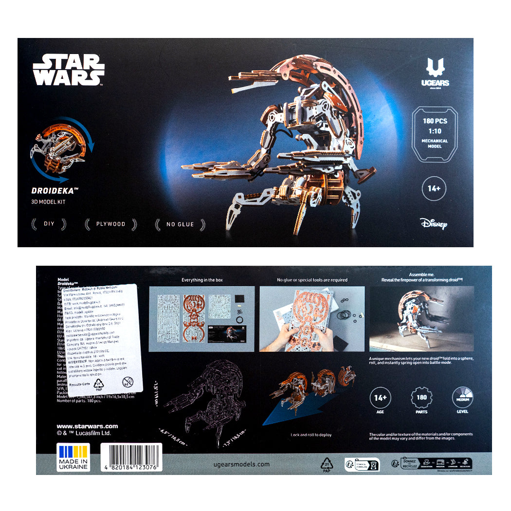Modellino in legno 3d del personaggio Droideka della serie Star Wars.
