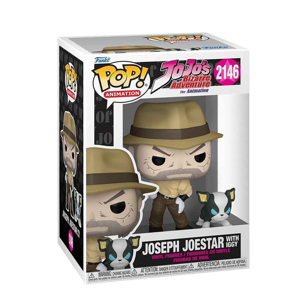 Funko Pop del personaggio Joseph Joeastar con Iggy della serie Jojo's bizarre adventure.