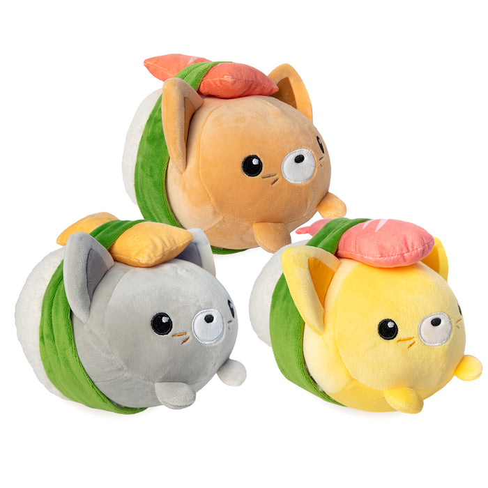 Plush super squishy a forma di gatto sushi. Il plush è disponibile in 3 varianti: gatto grigio, gatto giallo, gatto marrone.