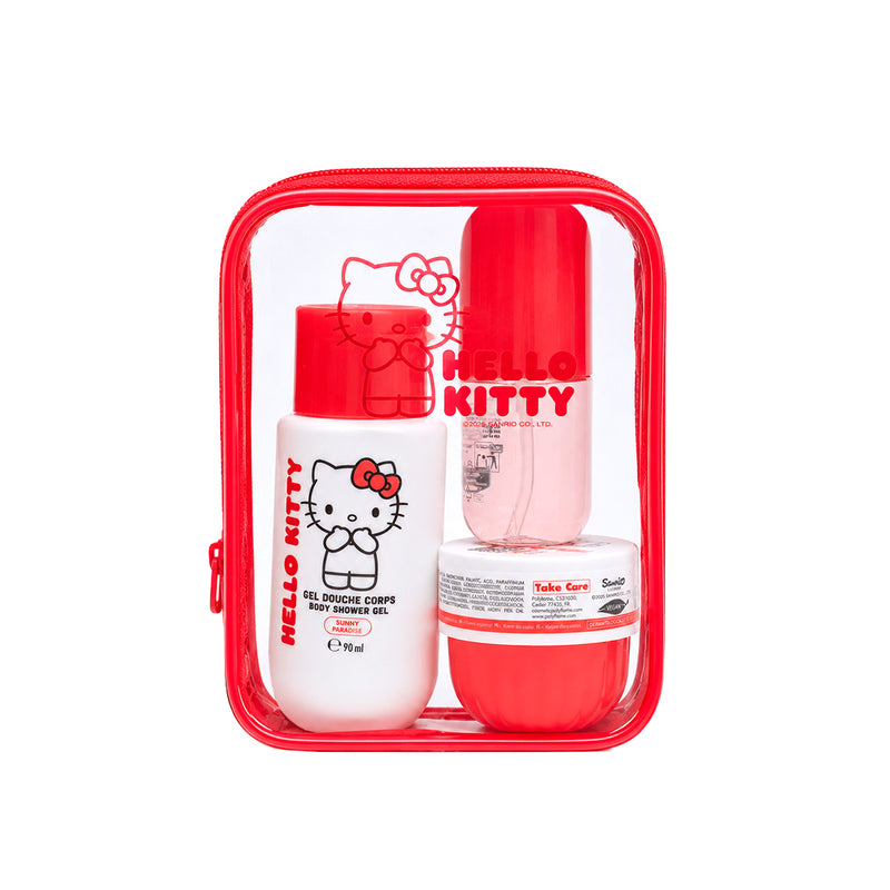 Kit beauty da viaggio di Hello Kitty.
Il kit è composto da: gel doccia, crema corpo e profumo.