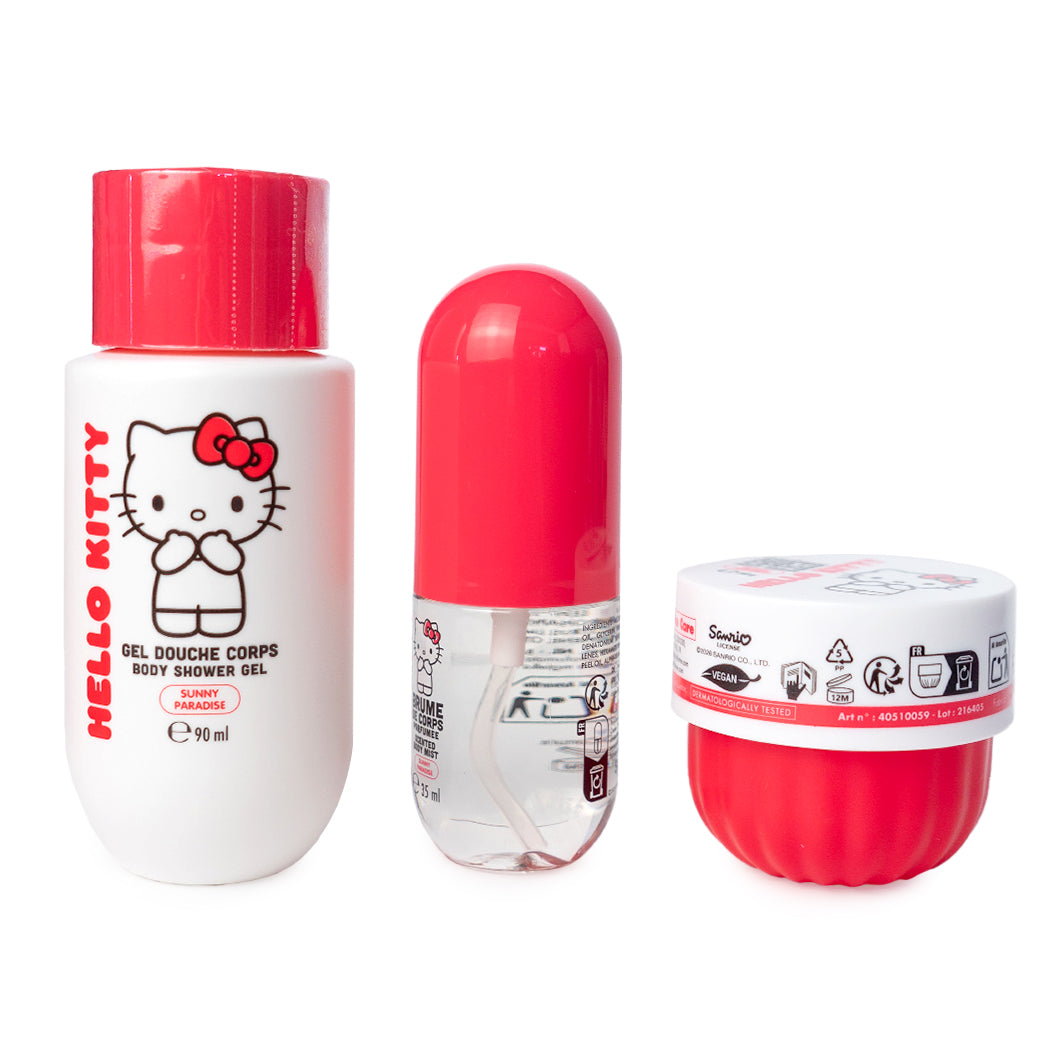 Kit beauty da viaggio di Hello Kitty.
Il kit è composto da: gel doccia, crema corpo e profumo.