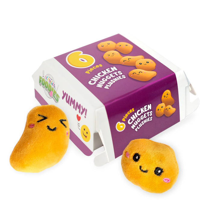 Box con 6 piccoli peluche a forma di chicken nuggets.