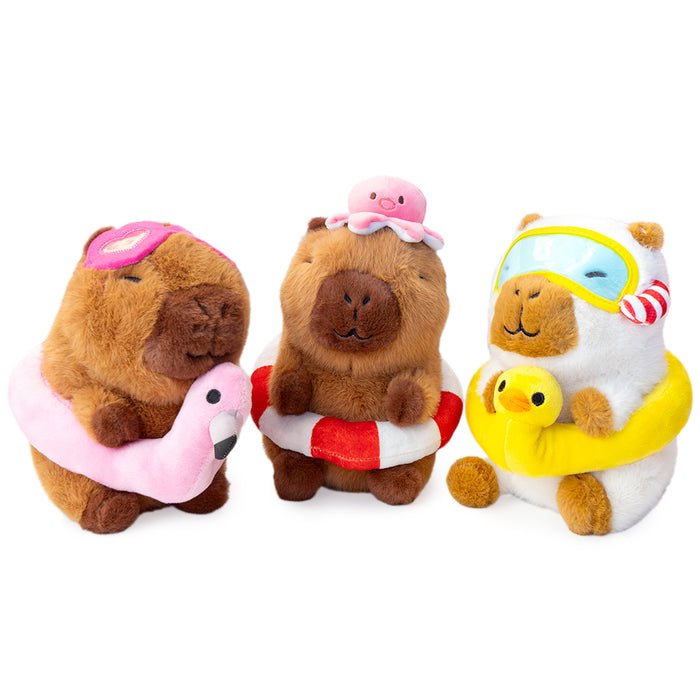 Plush a forma di capibara disponibile con salvagente a forma di fenicottero, con polipetto sulla testa, con maschera.