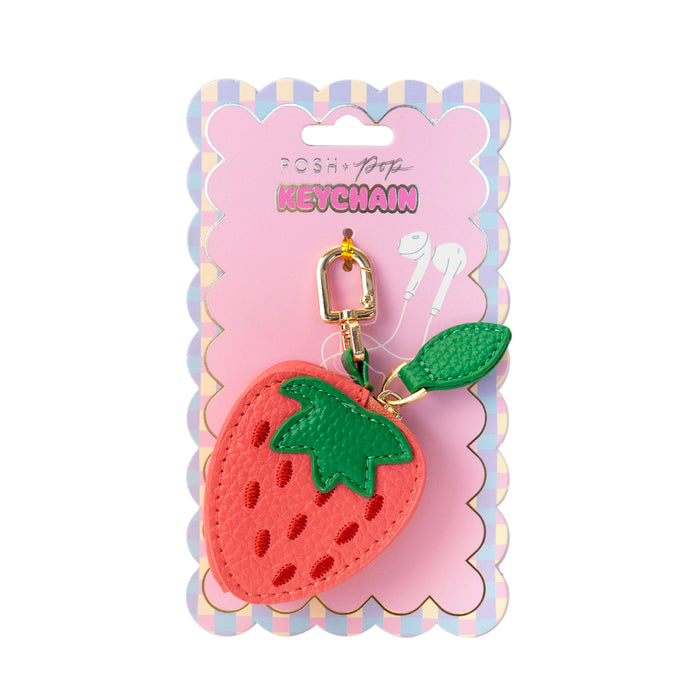 Portachiavi a forma di fragola. Ha una piccola tasca richiudibile con zip.