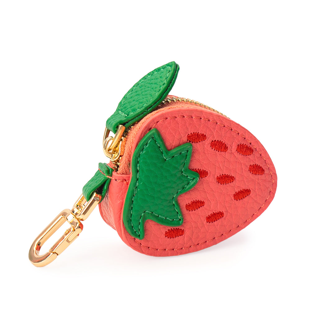 Portachiavi a forma di fragola. Ha una piccola tasca richiudibile con zip.