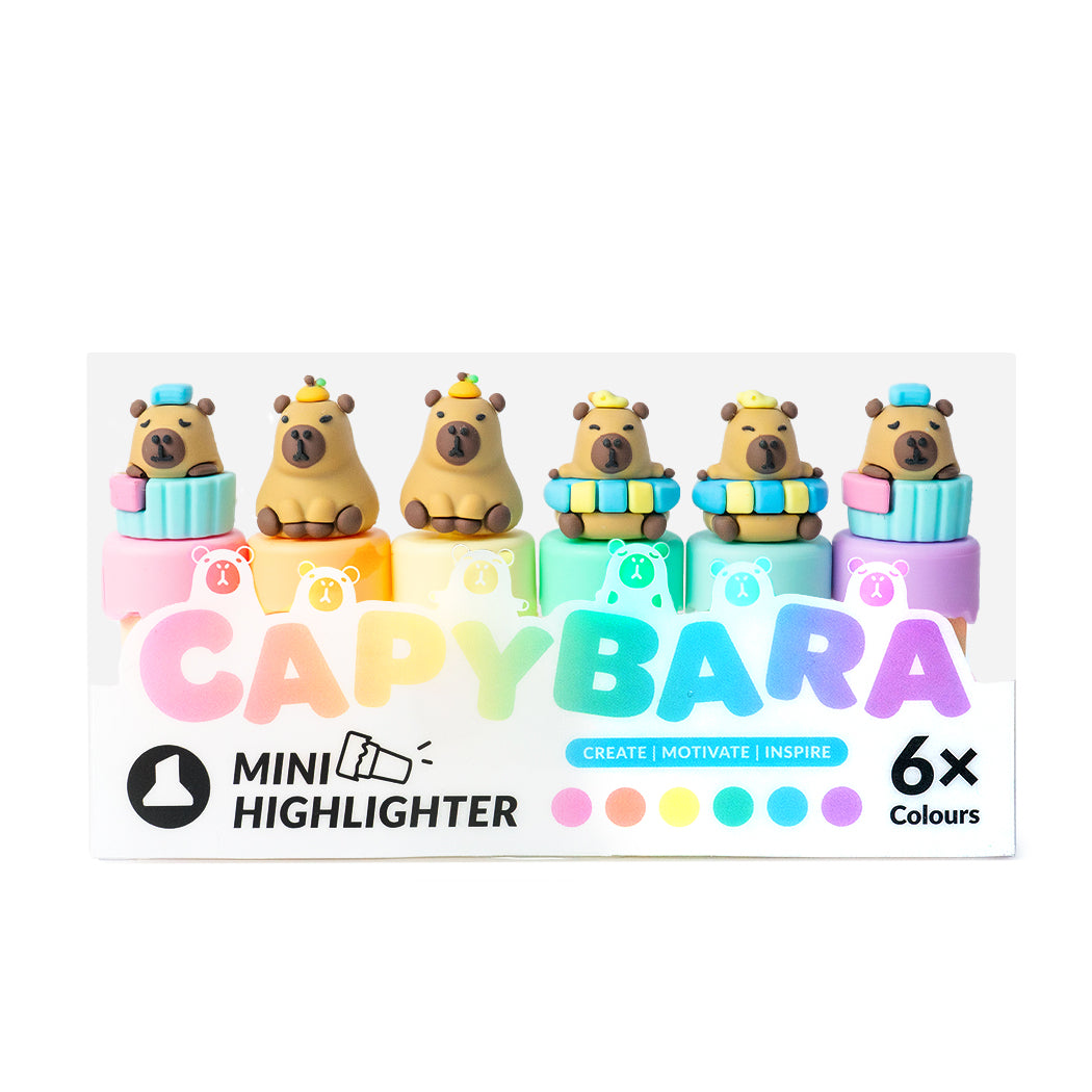 Set con 6 mini evidenziatori a forma di capibara.