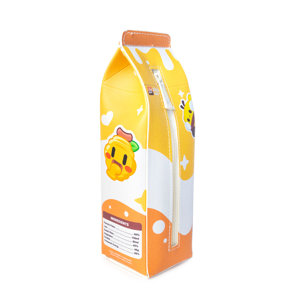 Astuccio a forma di cartone del latte con un'apetta.