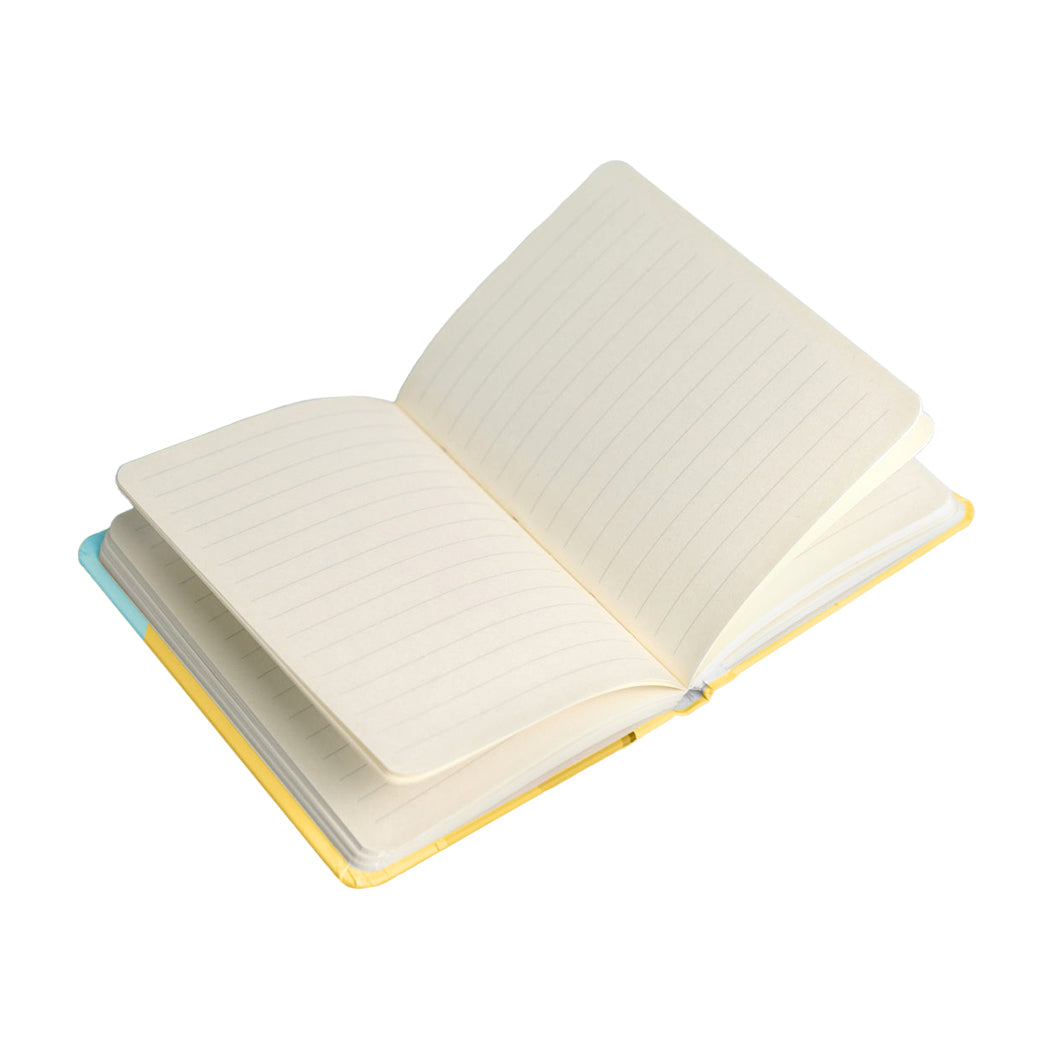 Notebook  formato A6 con copertina rigida e chiusura ad elastico.
Sulla copertina e sul retro è disegnato un capibara.