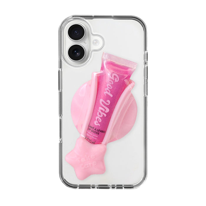 Lip gloss al gusto di ciliegia con supporto magnetico per attaccarlo al cellulare.