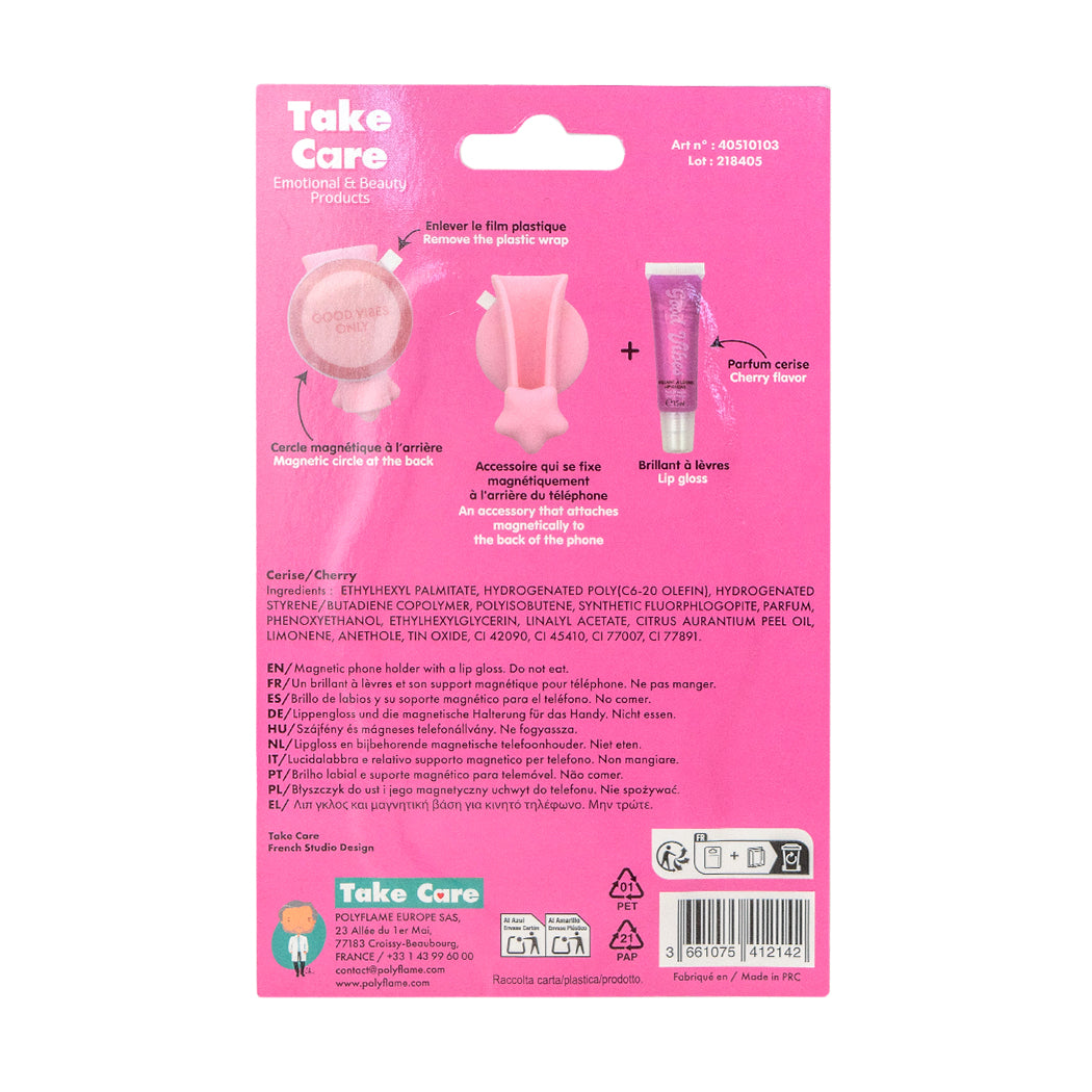 Lip gloss al gusto di ciliegia con supporto magnetico per attaccarlo al cellulare.