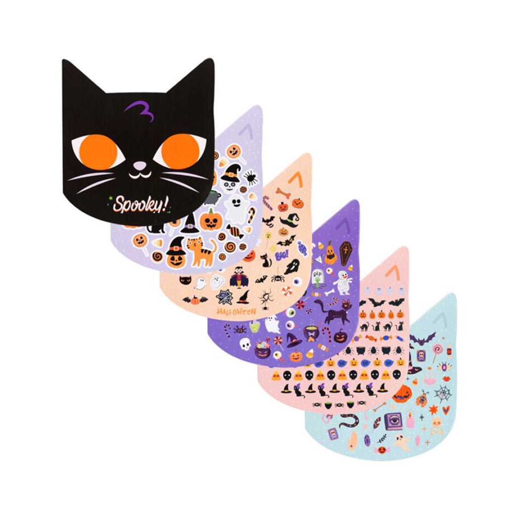 >Album a forma di gatto con adesivi di Halloween.
